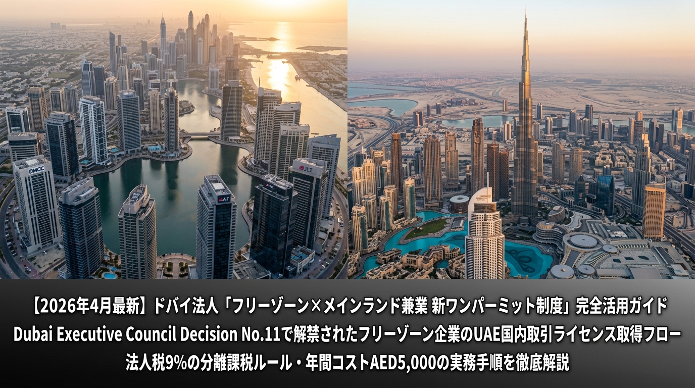 ドバイのフリーゾーン（DMCC・JLT周辺）とメインランド（ダウンタウン）を空撮で捉えた夕暮れの都市風景。両エリアの対比が際立つ航空写真