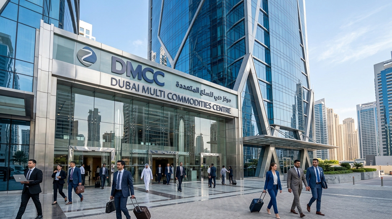 DMCC（ドバイ・マルチ・コモディティーズ・センター）のゲートタワー入口。ガラス張りのモダン建築にビジネスパーソンが出入りする