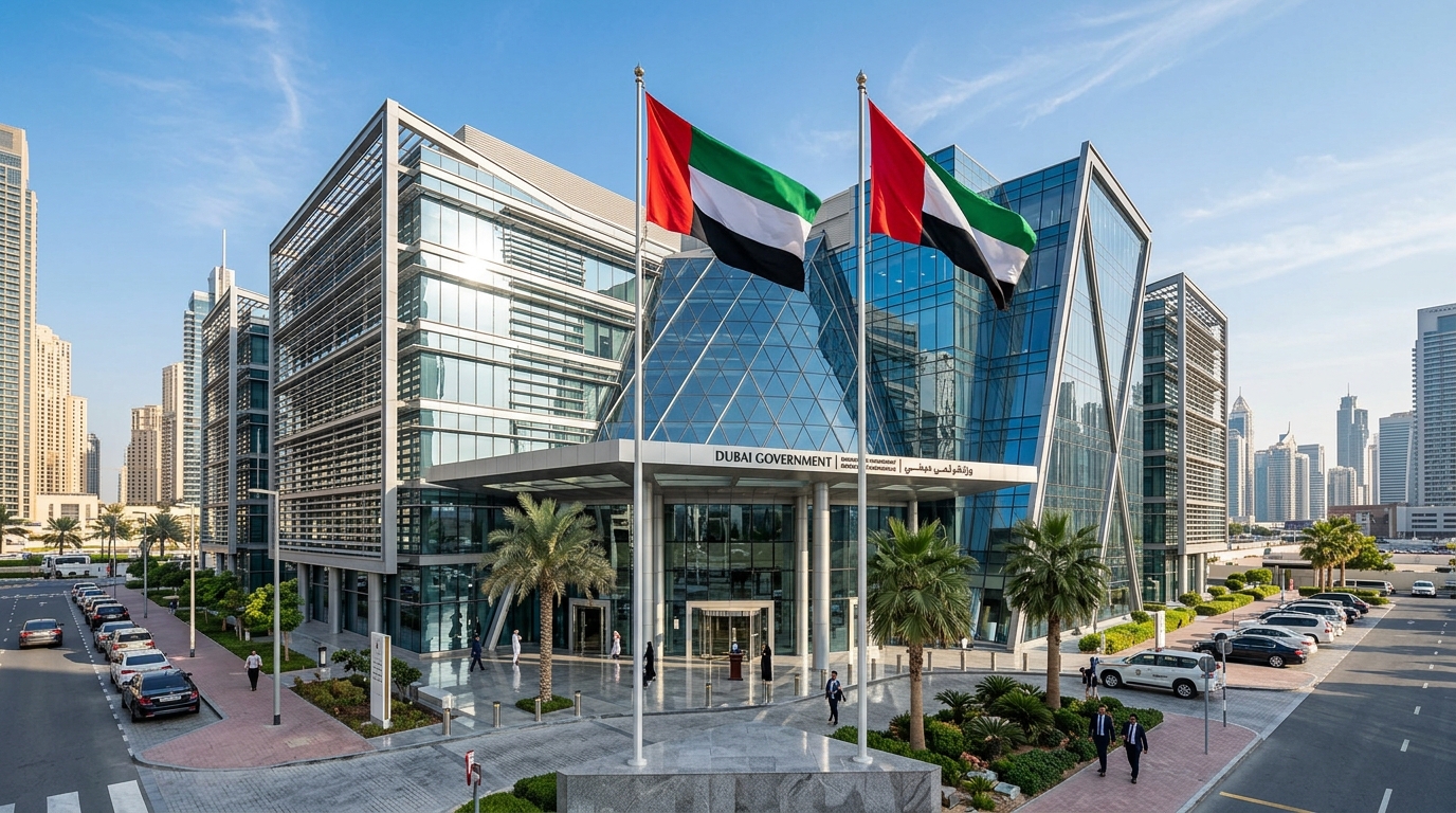 ドバイ経済観光省が入居する政府庁舎の外観。UAE国旗とドバイの旗が掲揚されたモダンな建築