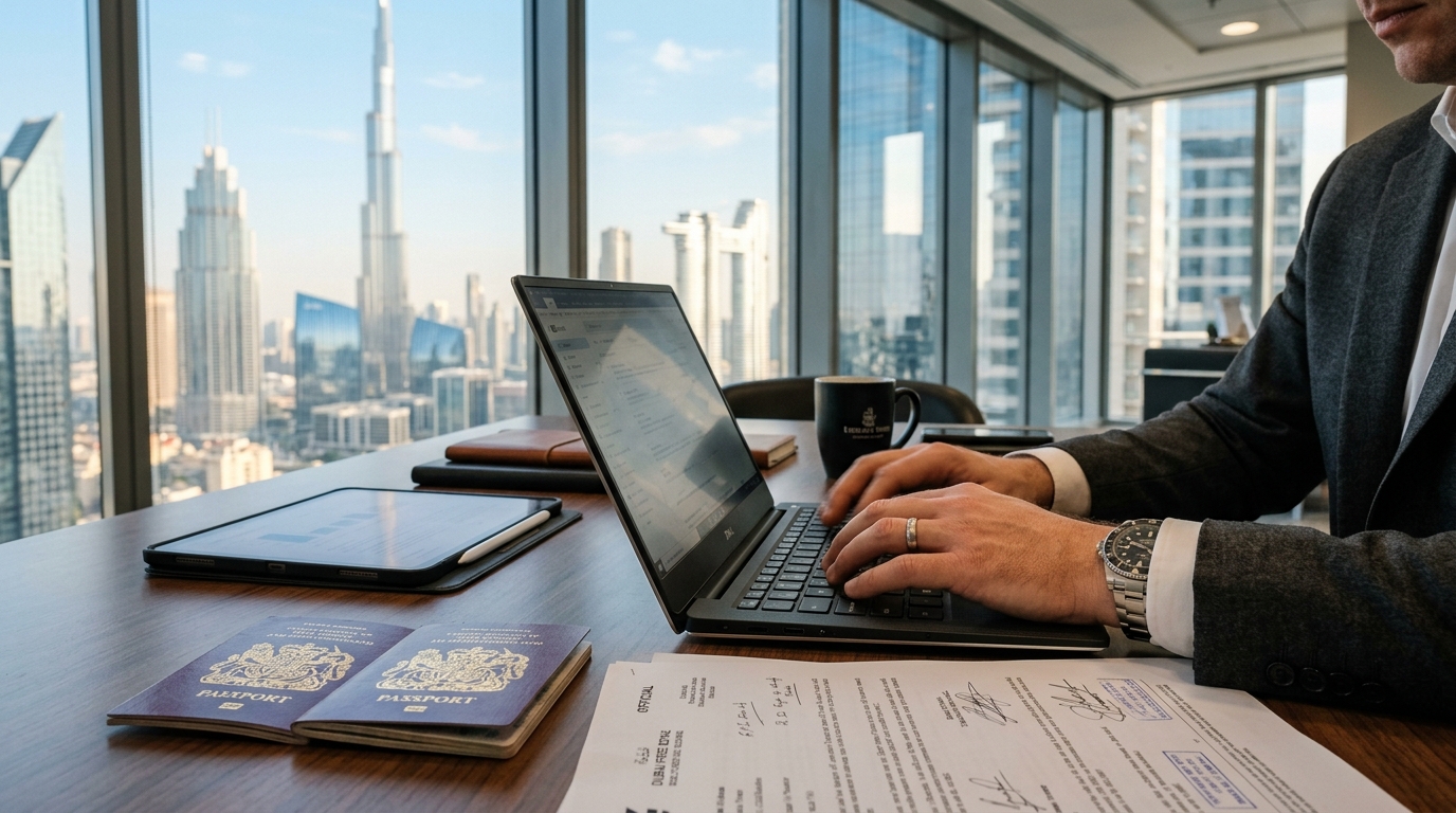 モダンなオフィスデスクで書類を操作しながらラップトップを入力するビジネスパーソンの手元。背景にドバイのスカイライン