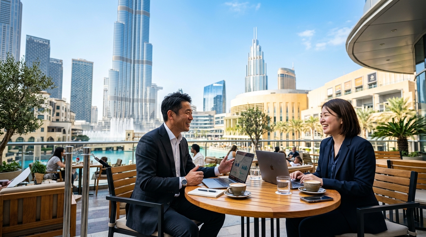 ドバイ・ダウンタウンのカフェテラスでビジネスミーティングをする日本人ビジネスパーソン。背景にブルジュ・ハリファが見える
