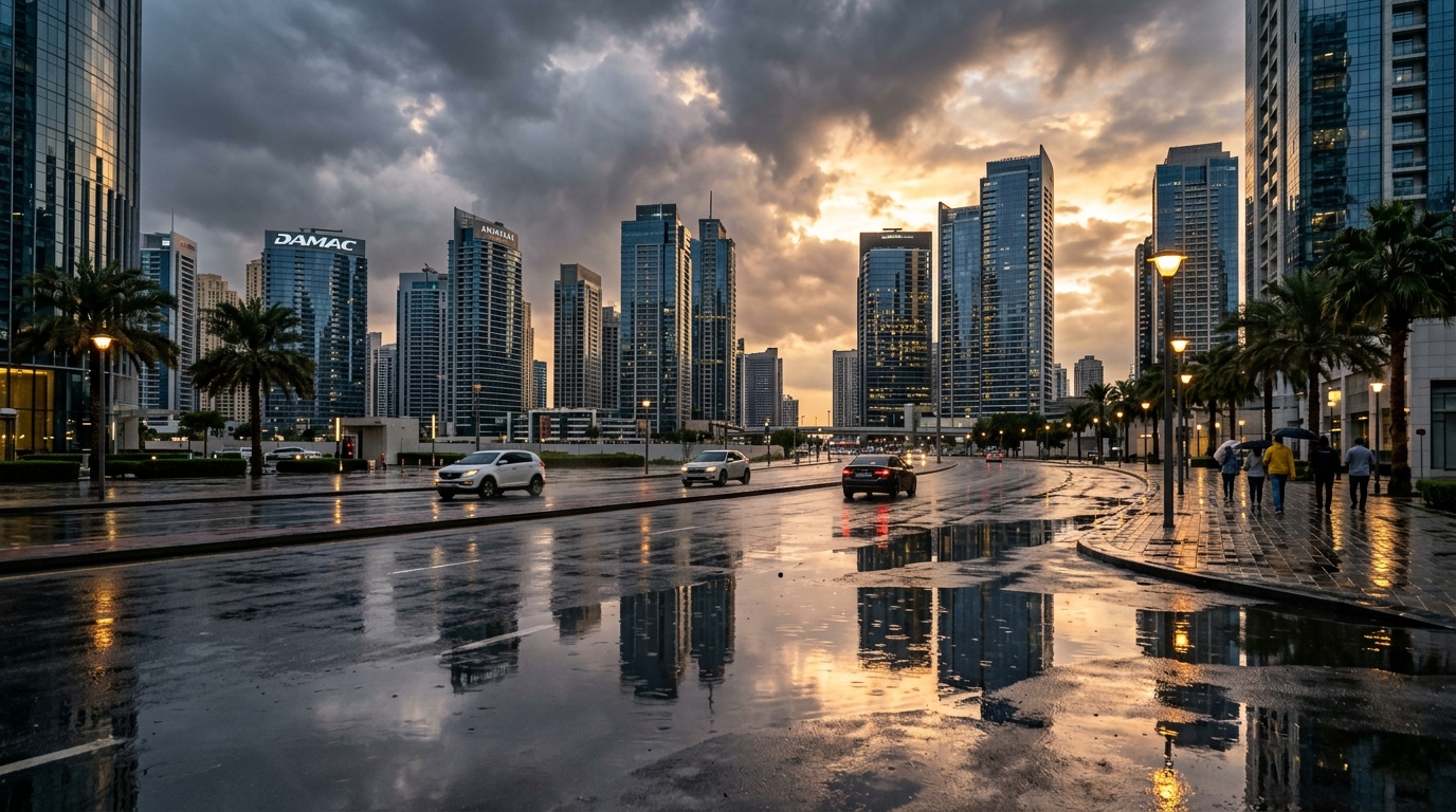 雨上がりのドバイ・ビジネスベイの道路。水たまりに映る高層ビル群と曇り空。湿った光が照らす都市風景