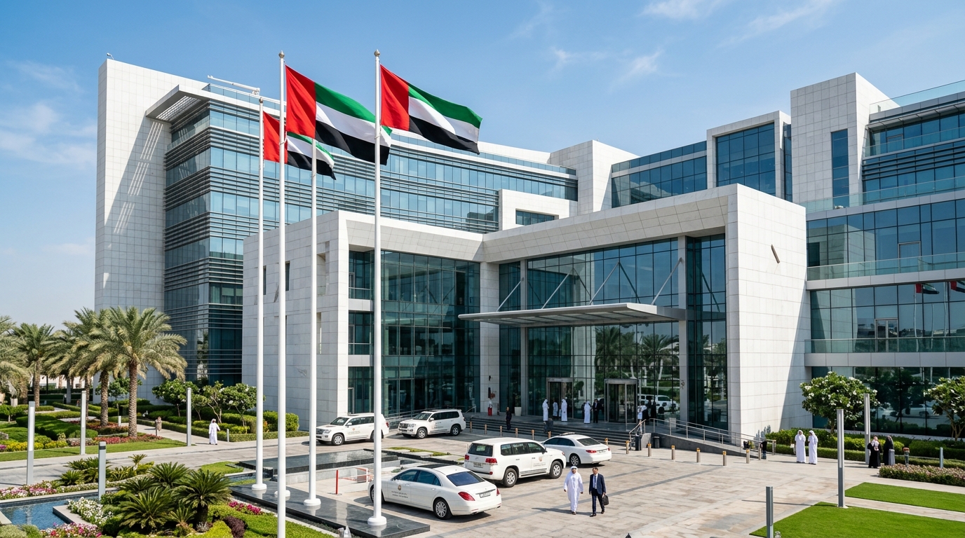 UAE国旗とドバイ旗がはためくドバイ市政庁の近代的な庁舎。整備された庭園と公式車両が見える