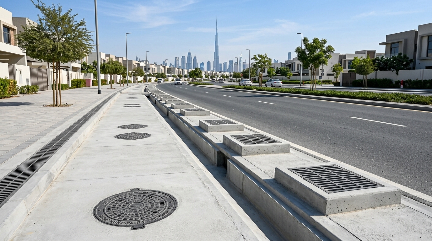 ドバイAl Quoz地区に新設された排水インフラ。コンクリート製排水溝とマンホールが新しい住宅街の道路に整備され、遠くにブルジュ・ハリファが見える