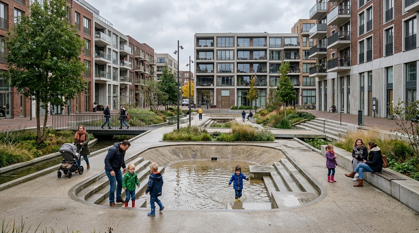 オランダ・ロッテルダムの先進的な洪水対策が組み込まれた都市公園。多機能の広場と水管理インフラ。背景に現代的な集合住宅。人々が公園を利用する様子