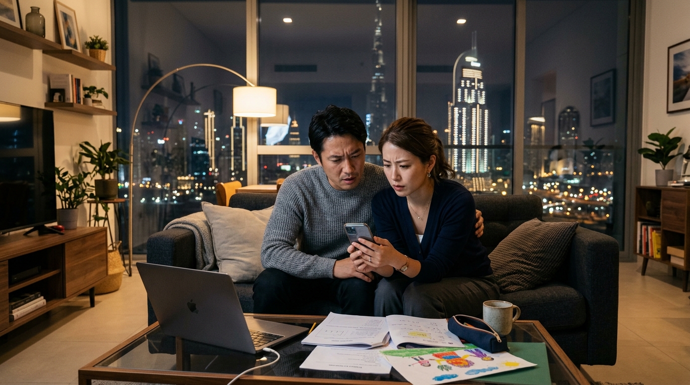 ドバイのリビングでスマートフォンを確認する日本人夫婦。窓の外にはドバイの夜景