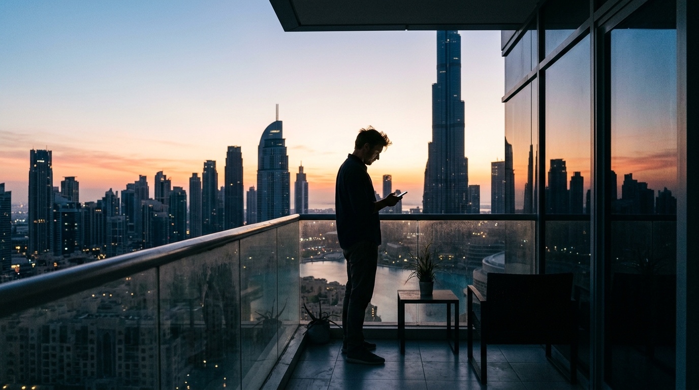 早朝のドバイ、バルコニーでスマートフォンを確認する男性。ダウンタウンのシルエット