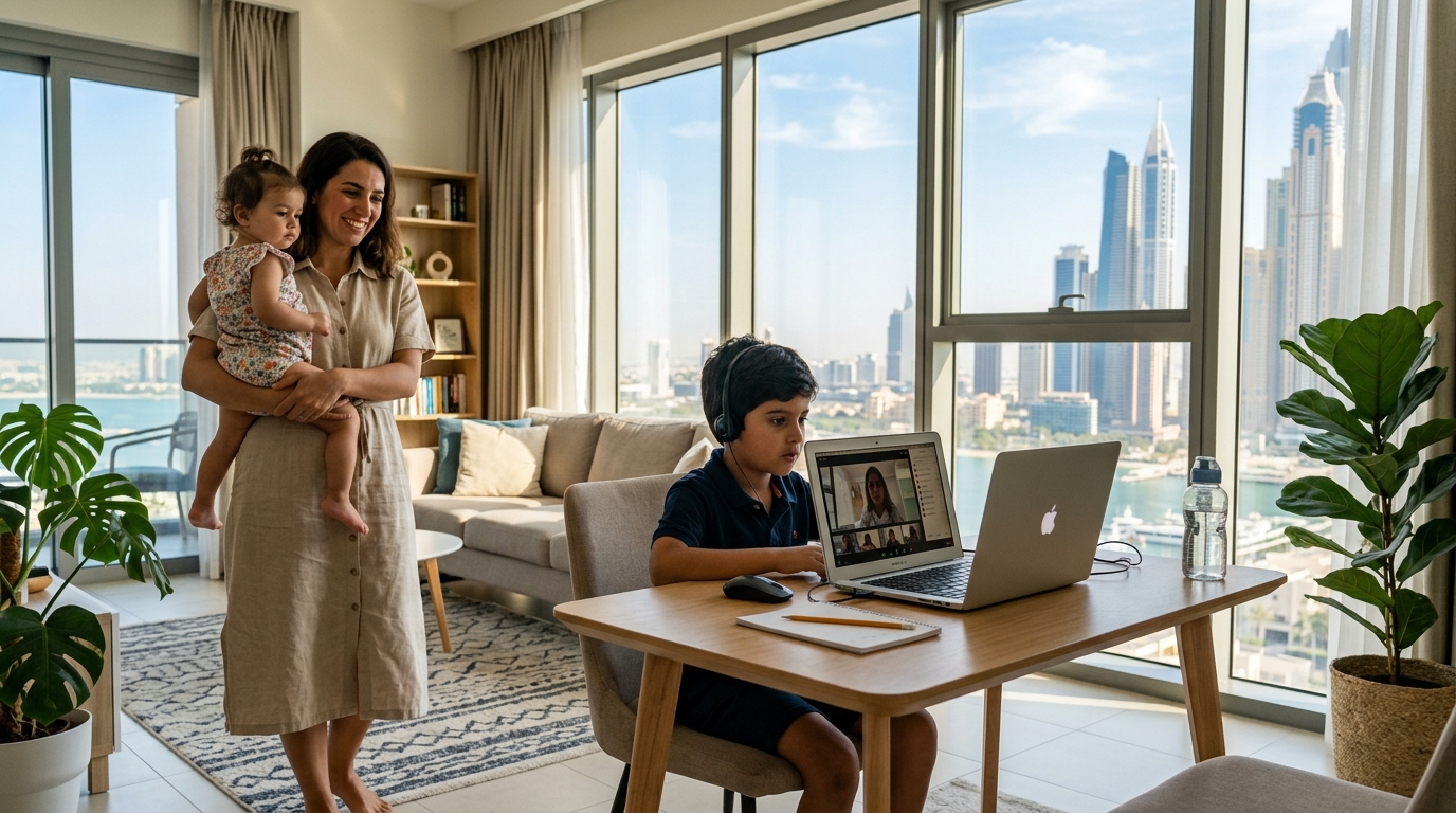 ドバイのリビングでオンライン授業を受ける小学生。横で母親が幼児を抱いている