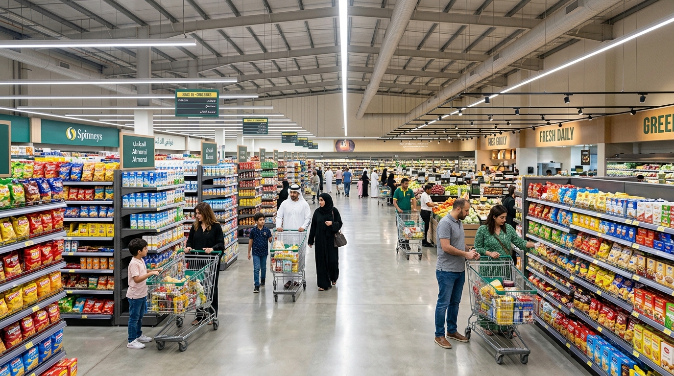 ドバイの大型スーパーマーケット店内。商品が並ぶ棚と買い物客のファミリー