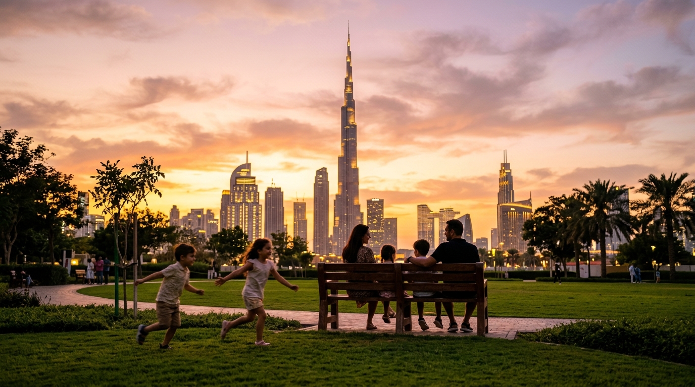夕暮れのドバイ・ダウンタウン公園で過ごす家族。ブルジュ・ハリファを背景に子どもが走る