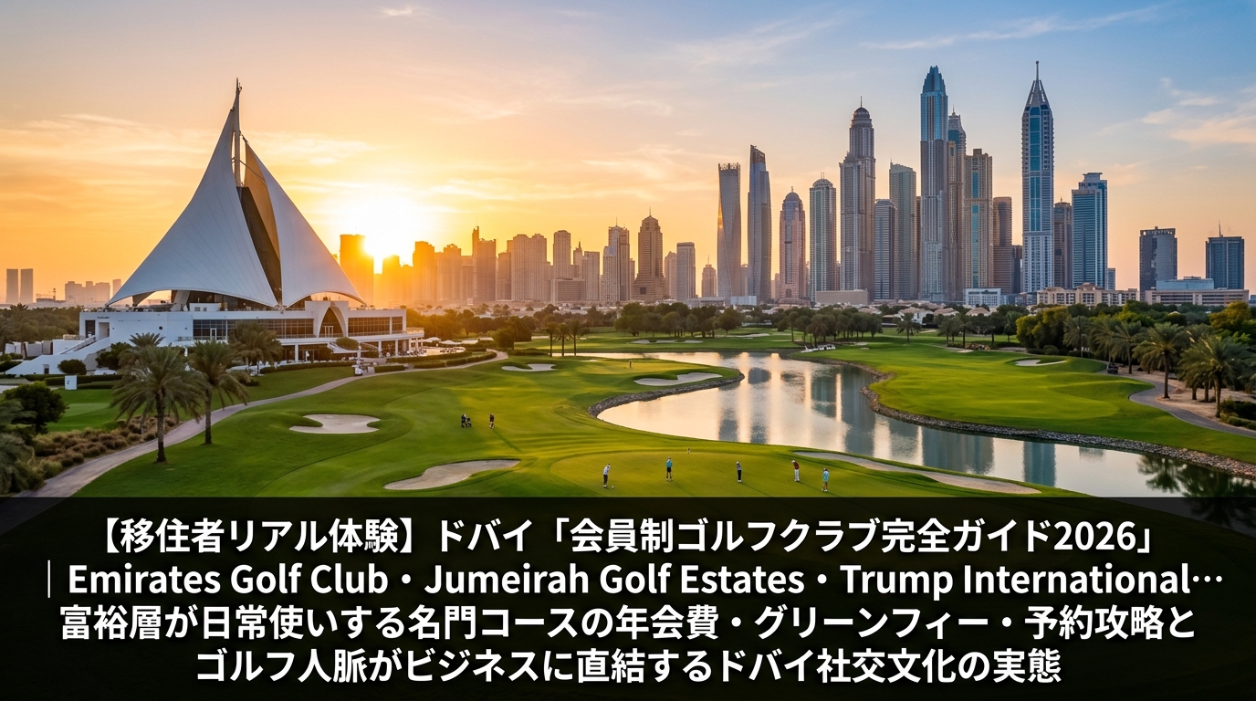 Emirates Golf Clubの帆型クラブハウスとMajlisコースのフェアウェイ、背景にドバイマリーナのスカイライン