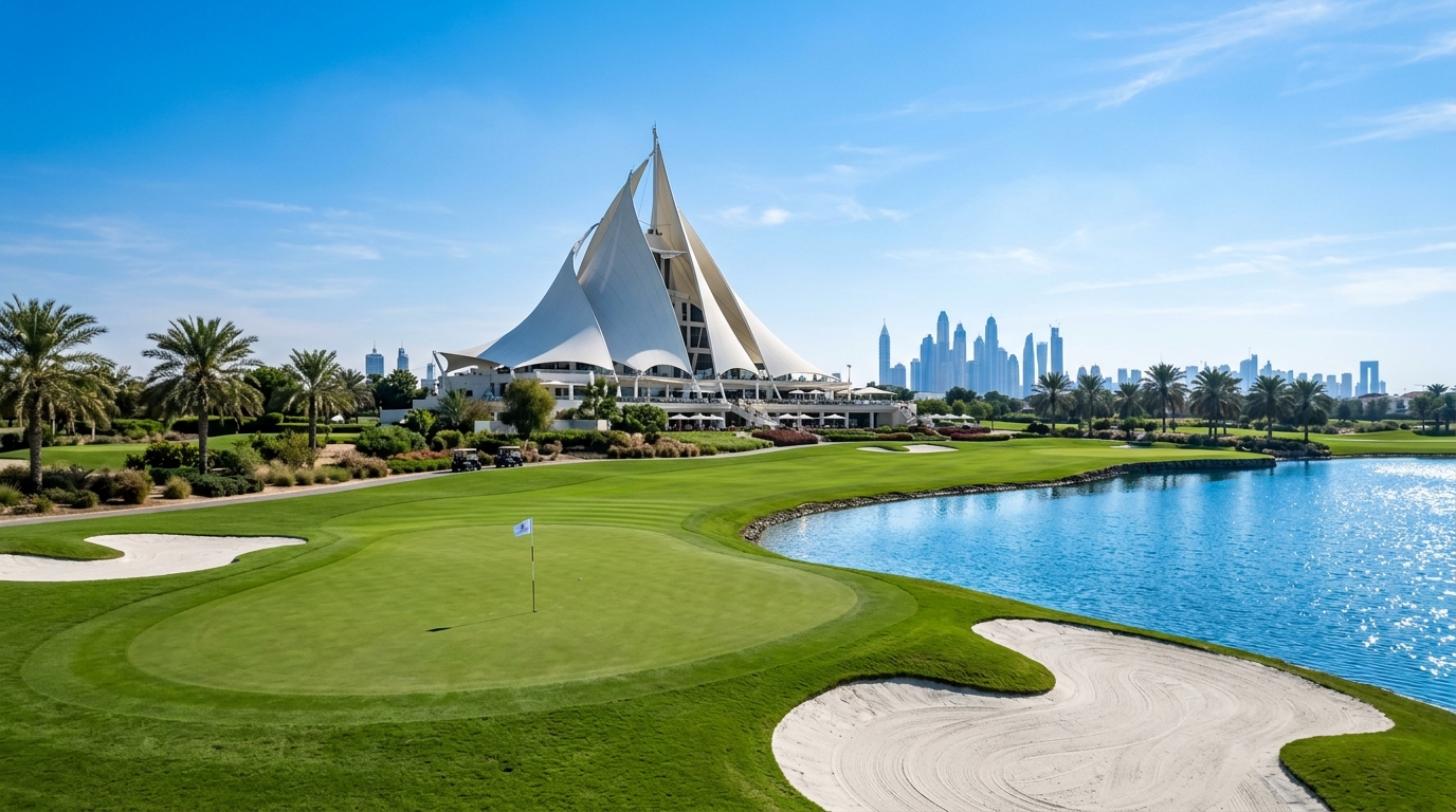 Emirates Golf Clubの白い帆型クラブハウスとMajlisコース18番グリーン、バンカーと池