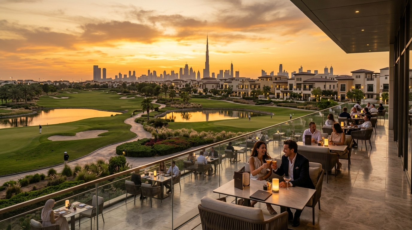 Dubai Hills Golf Clubのテラスから見えるコース全景とブルジュ・ハリファのシルエット