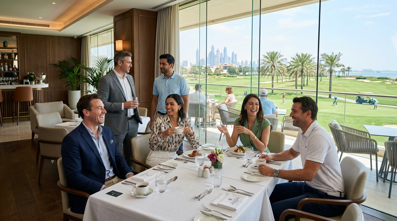 ドバイのゴルフクラブハウステラスで談笑するビジネスマンたちとコース景観