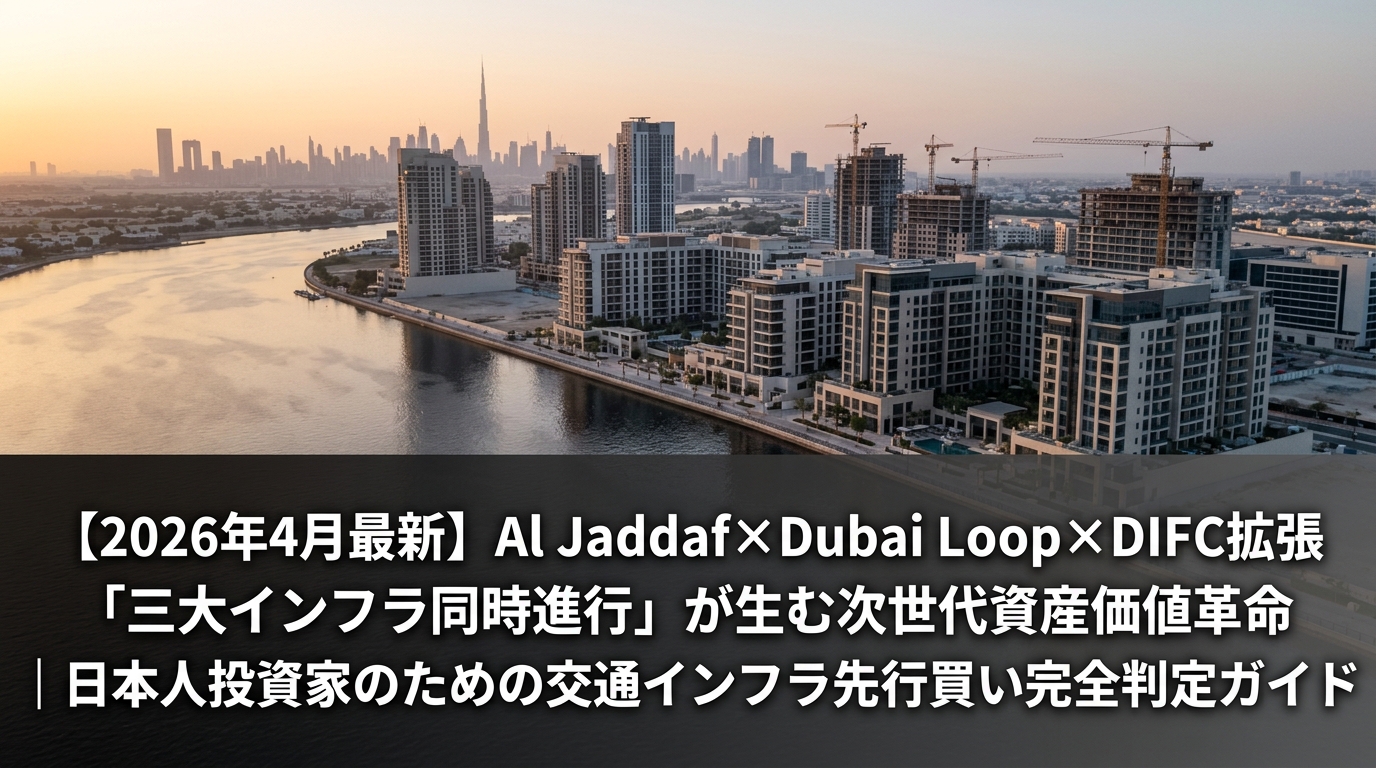 ドバイクリーク沿いのAl Jaddafエリア、夕暮れ時の建設風景とダウンタウンの遠景