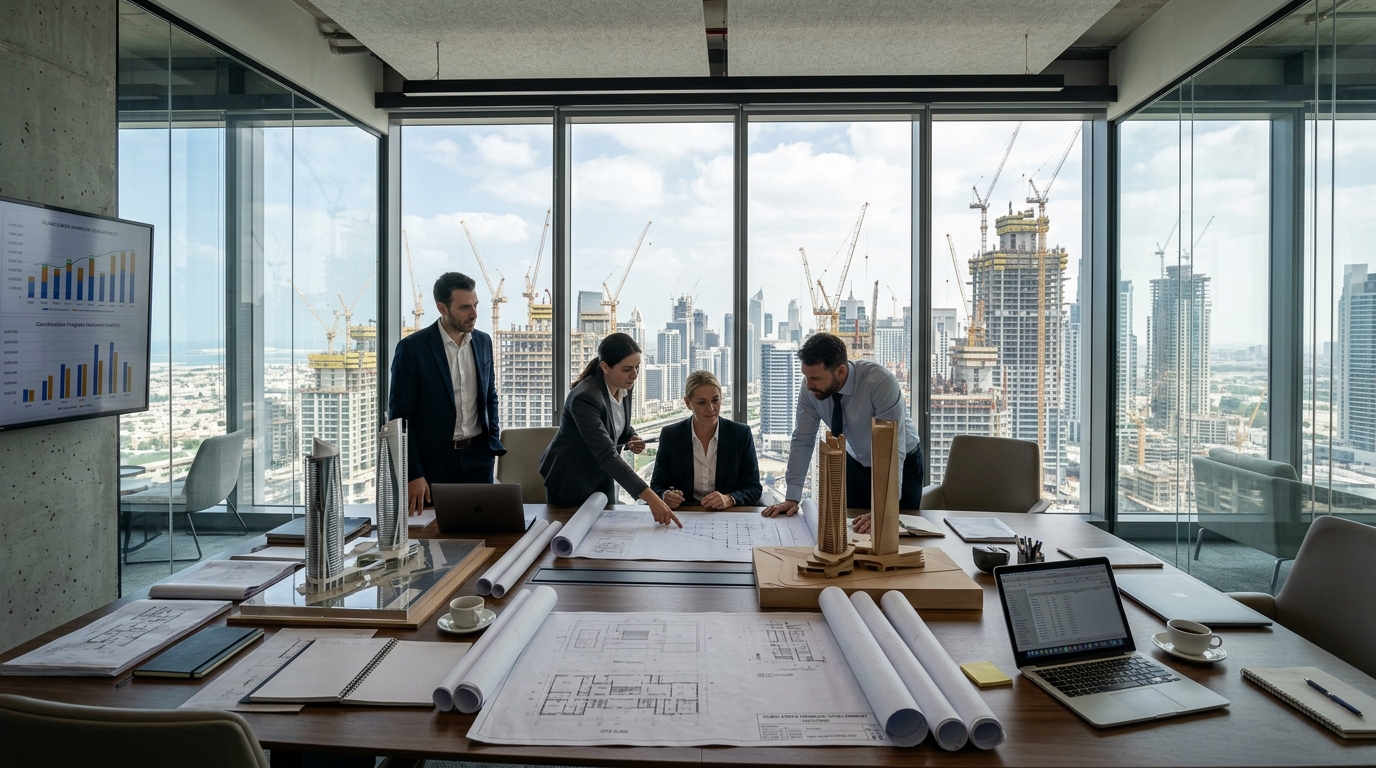 ドバイの都市計画オフィスから見える建設ラッシュの市街地パノラマ