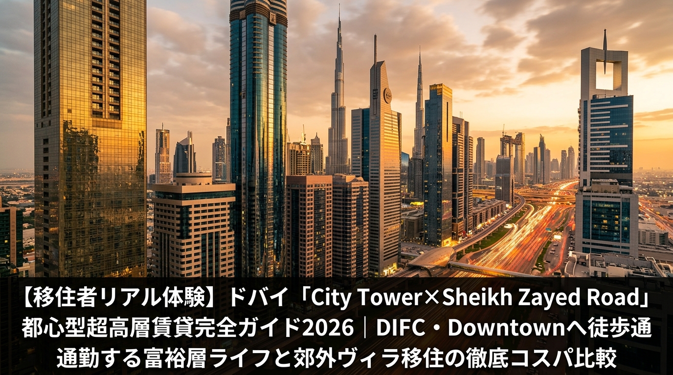 夕暮れ時のSheikh Zayed Road超高層ビル群、ゴールデンアワーの光が反射している壮大な都市景観
