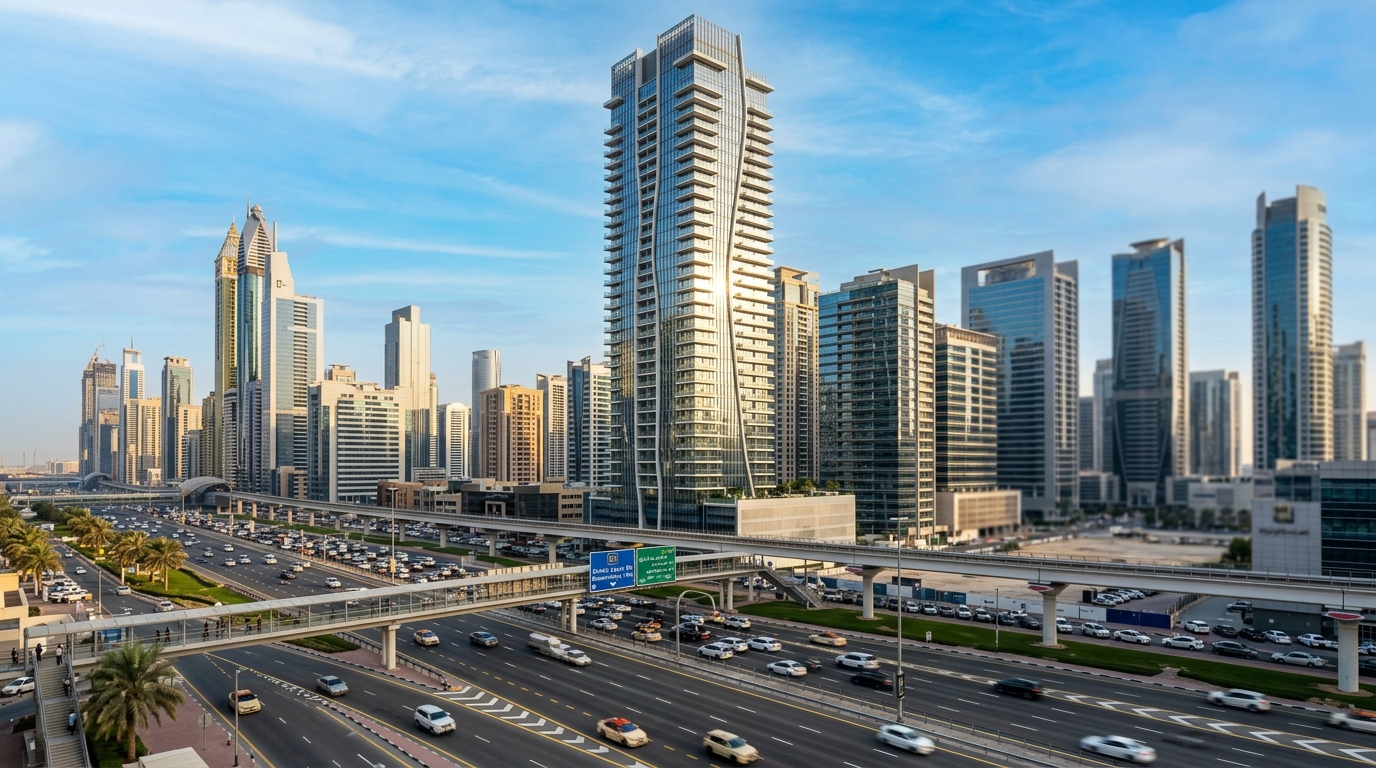 Sheikh Zayed Road沿いの超高層レジデンスタワー外観、ガラスカーテンウォールが輝く近代的建築