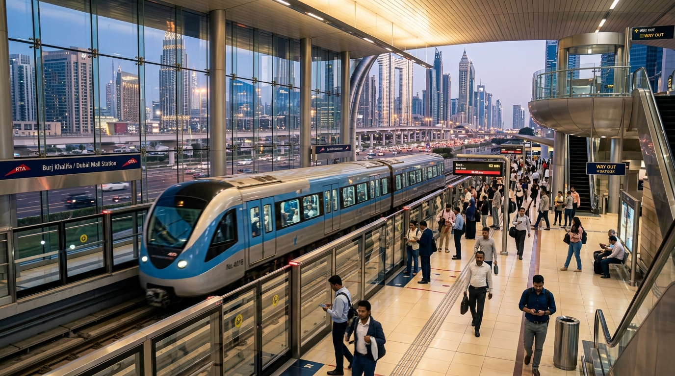 ドバイメトロの近代的な駅プラットフォーム、列車到着、Sheikh Zayed Roadの高層ビル群が背景に見える