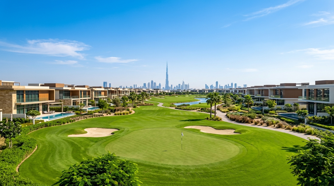 Dubai Hills Estateのゴルフコースと低層ヴィラ群、遠景にブルジュ・ハリファ