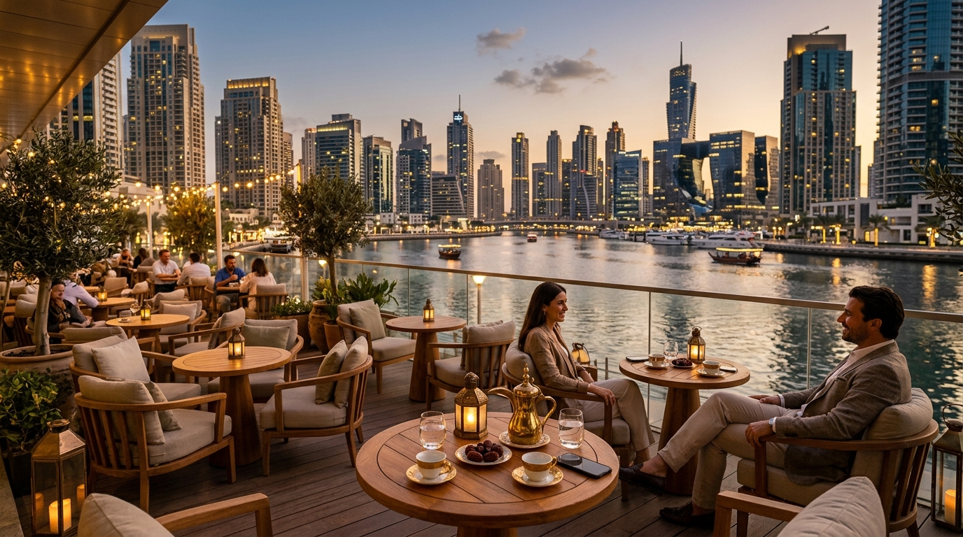 Business Bayの運河沿いカフェテラスから見える高層レジデンス群の夕景