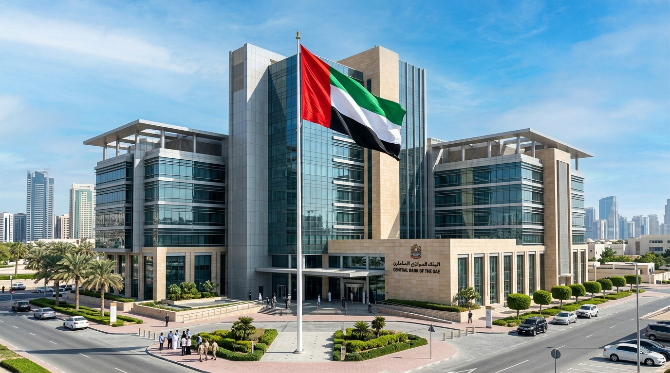 UAE中央銀行（CBUAE）の建物外観とUAE国旗