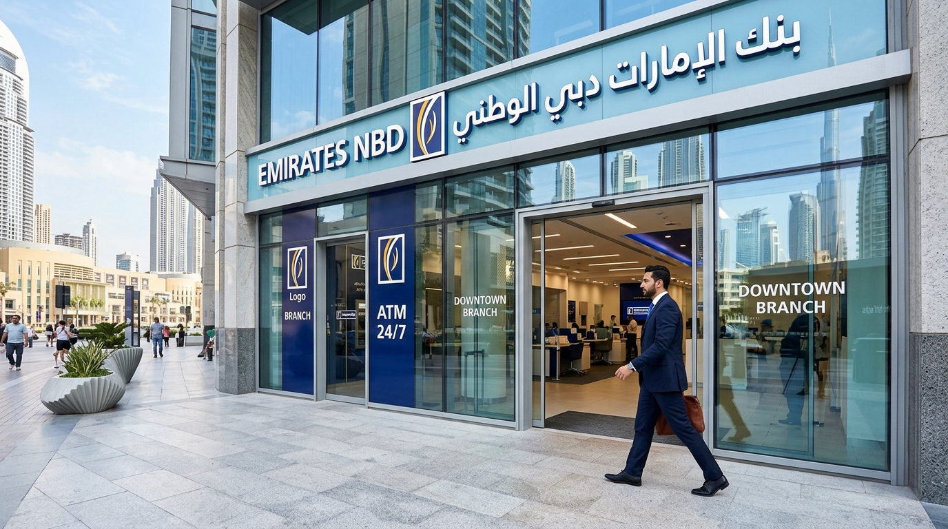 ドバイダウンタウンのEmirates NBD銀行支店入口、スーツ姿のビジネスマンが入店