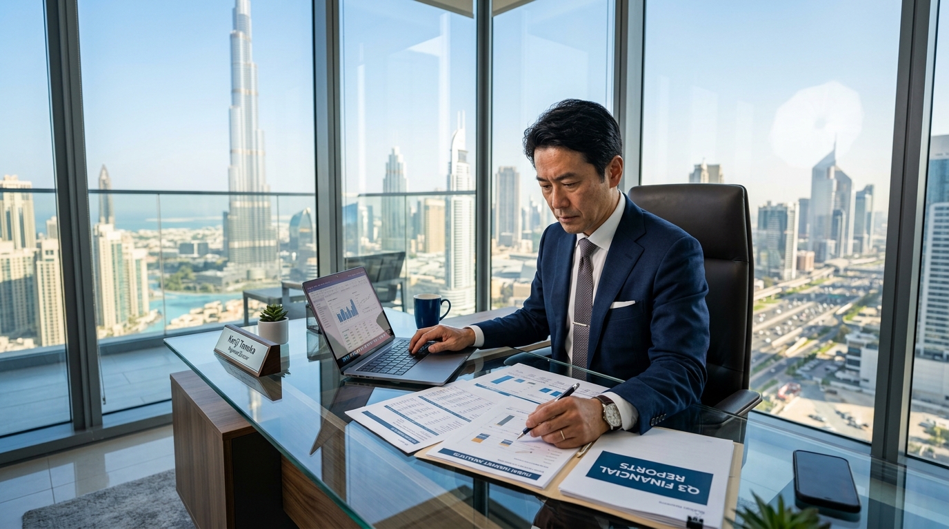 ドバイのオフィスで書類を確認する日本人ビジネスマン、窓の外にドバイのスカイライン